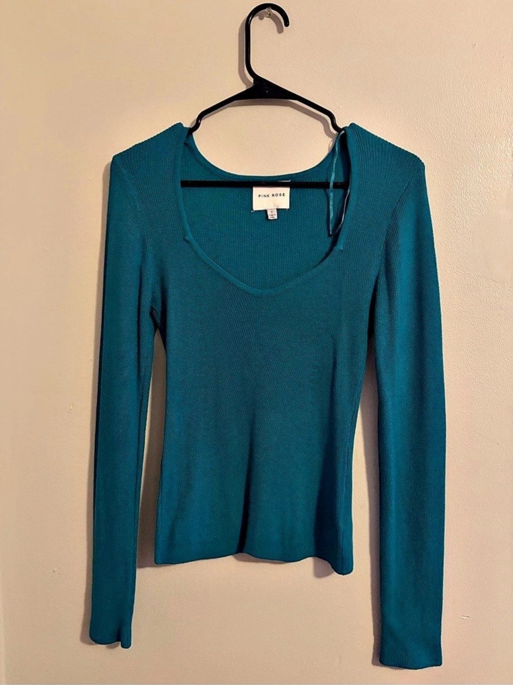 Pink Rose Teal Ribbed Long Sleeve Scoopneck Top Small